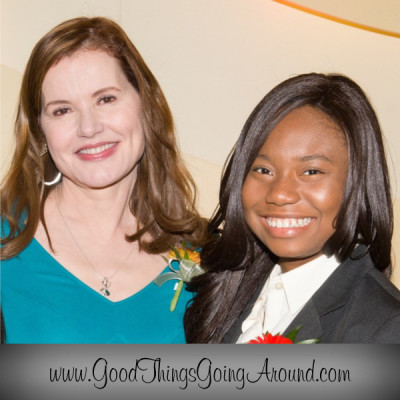 YWCA of Greater Cincinnati 2015 scholarship recipient, Lily-Michelle Arthur from Norwood High School, is with YWCA Career Women of Achievement Keynote Speaker Geena Davis 