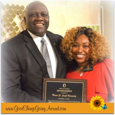Rosemary Oglesby-Henry, founder of Rosemary’s Babies, presented an award of appreciation to Dr. James Williams, president of Mt. St. Joseph University, for the school’s support. 