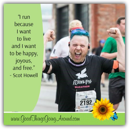 When asked why Scot Howell of Cincinnati ran in the Flying Pig Marathon, he said it has helped him with depression. Running in the race makes him feel happy, alive. 